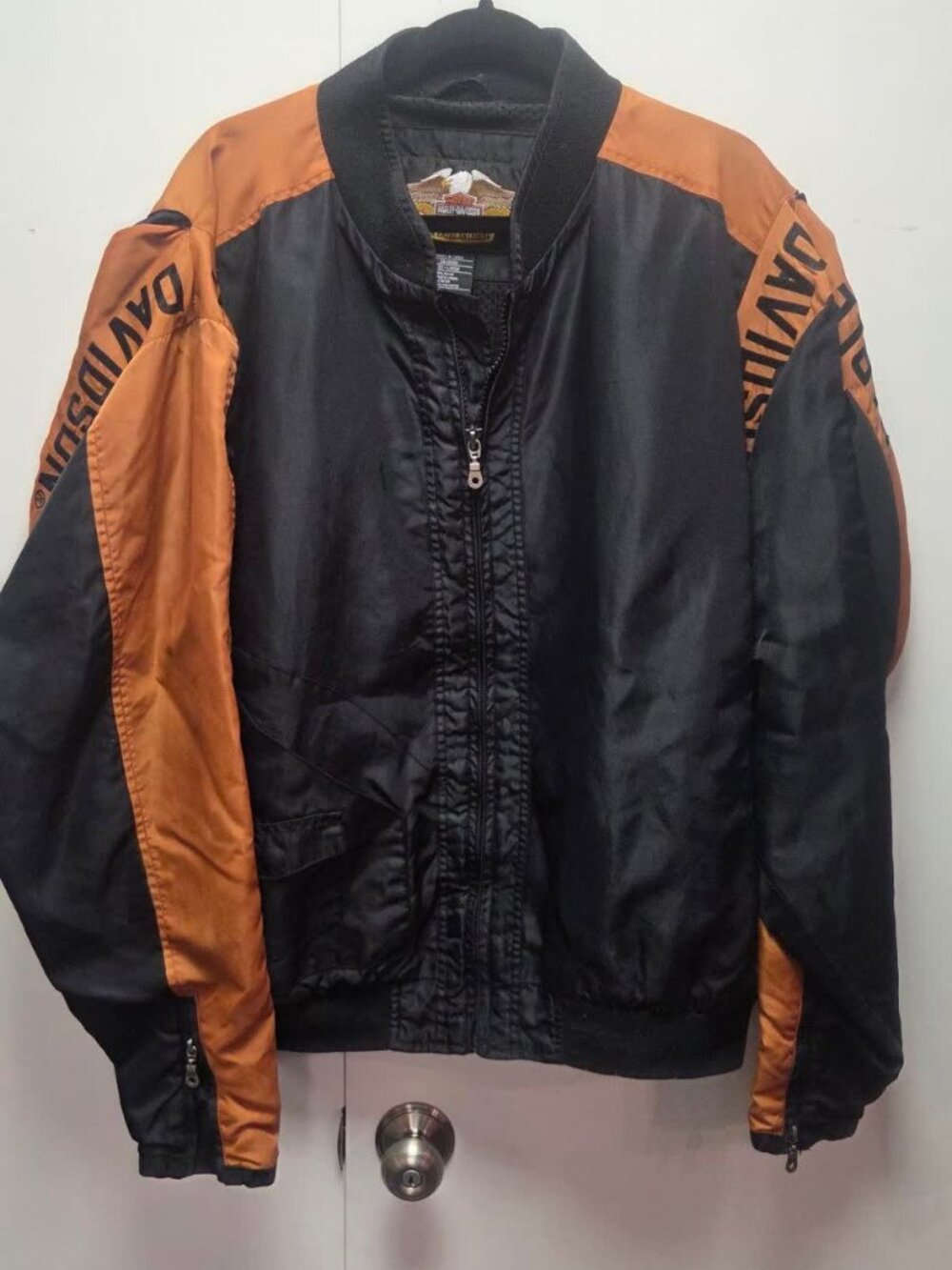 Harley-Davidson Nylon Bomber Jacket Mens 2XL Black Orange Embroidered Bar Shield